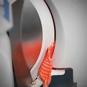 Zalmfilet gesneden met een snijmachine van Graef