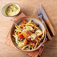 Recept Souvlaki met macaroni in een Griekse saus